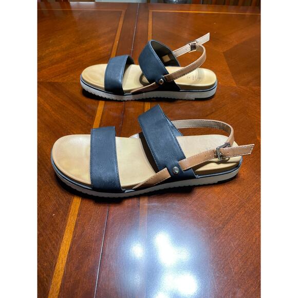 Call it Spring Women Sz 9 Sandals DoubleStrap Vegan Ankle Strap Buckle Black Tan - Picture 2 of 9